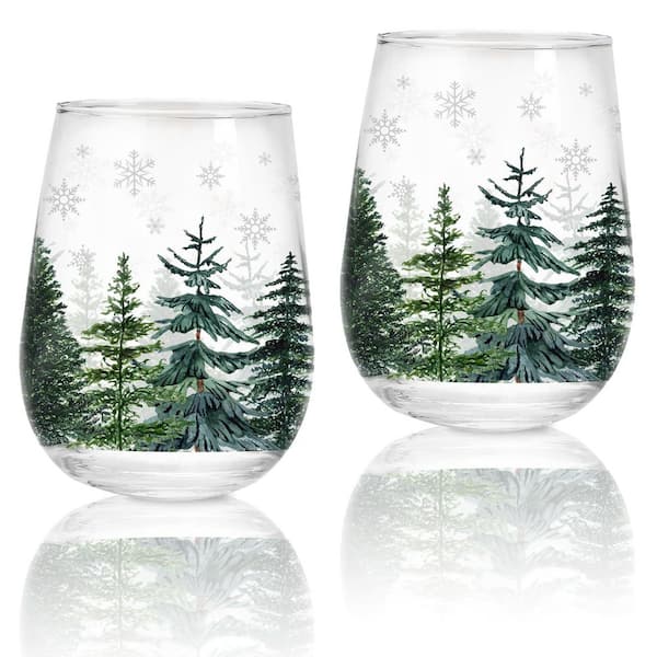 17 oz. Christmas Stemless Wine Glasses Christmas Tree Snowflake Drinking Glasses Watercolor Holiday Tumbler Cups
