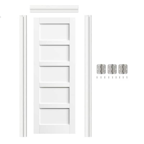 TENONER 28 in. x 80 in. 5 Panel, White Primed, MDF Prehung Interior Door Left-Handed with Door Jamb and Hardware Kit