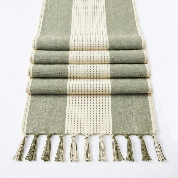 13 in. W x 90 in. L Green Striped Cotton Linen Woven Fabric Table Runner for Table Decor 1 Pack