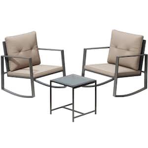 Serenity Decor 3-Piece Rocking Bistro Set--Glass Coffee Table with 2 Chairs-Coffee Brown