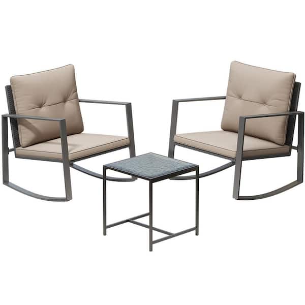 Pyramid Home Decor Serenity Decor 3-Piece Rocking Bistro Set--Glass Coffee Table with 2 Chairs-Coffee Brown