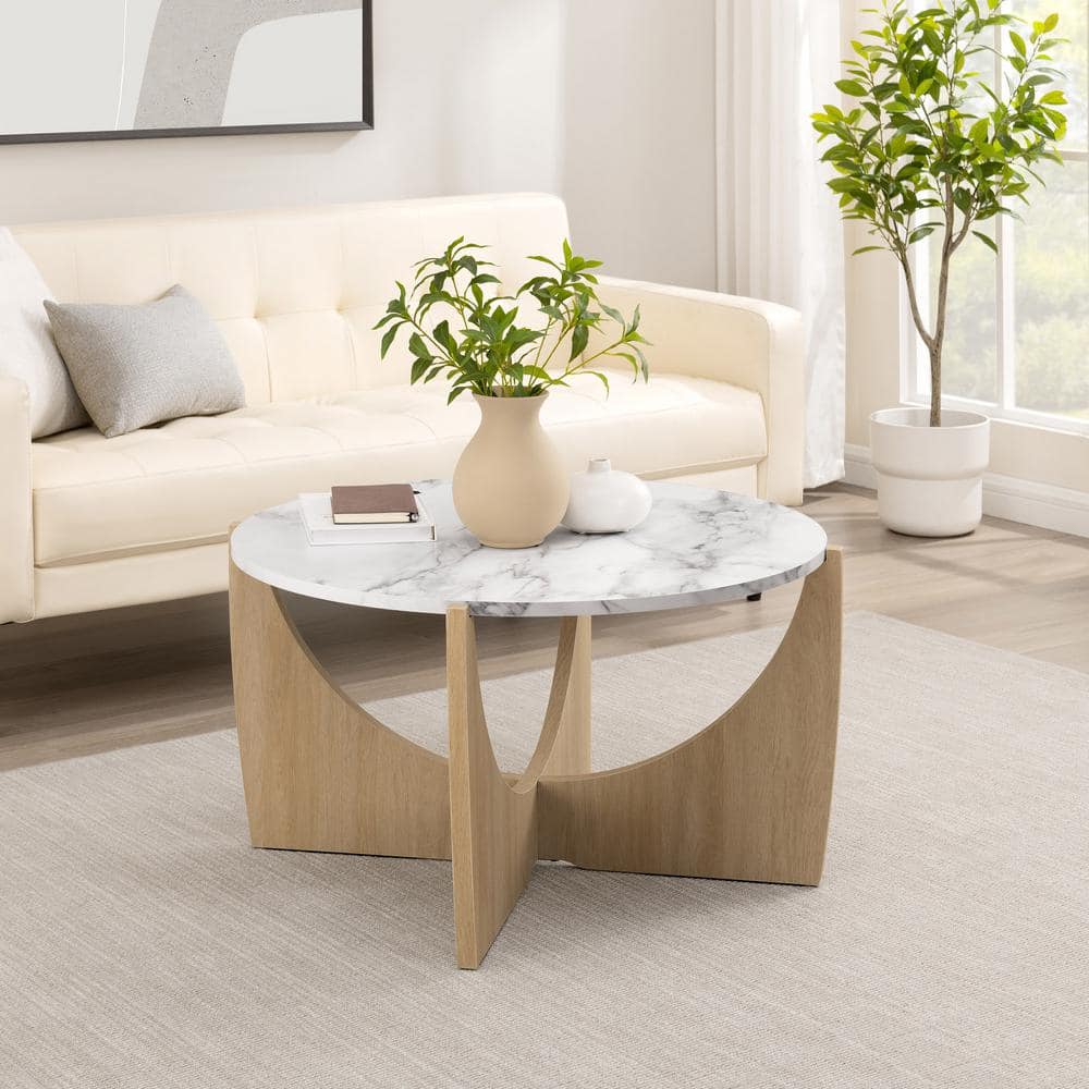 Calacatta Marble and Coastal Oak Round Coffee Table, 35 Inch