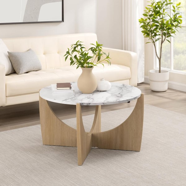 Walker Edison Furniture Company Modern 35 in. Calcutta Marble and Coastal Oak Round Wood Coffee Table with Intersecting Arch Legs