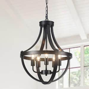 5-Light Black Vintage Candle Design Hanging Linear Chandelier Lighting for Kitchen Island