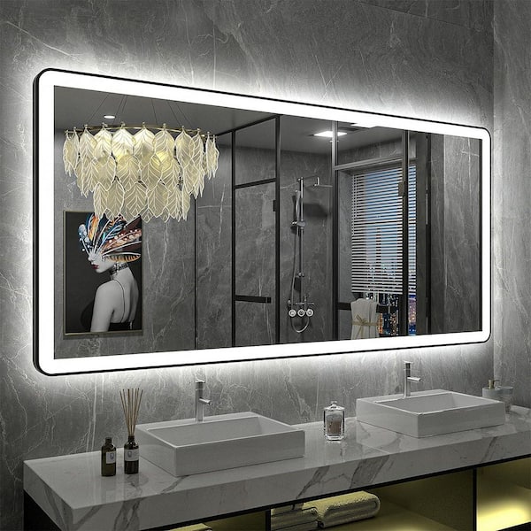 Apmir 60 in. W x 30 in. H Rectangular Framed Front & Back LED Lighted Anti-Fog Wall Bathroom Vanity Mirror in Tempered Glass