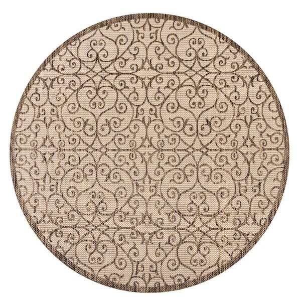 Madrid Vintage Filigree Textured Weave Beige/Brown 5 ft. Round Indoor/Outdoor Area Rug