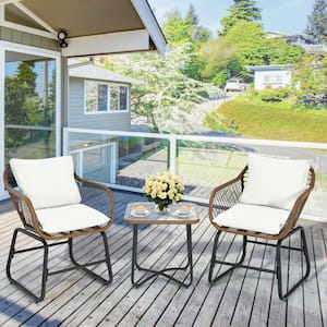 3-Piece Wicker Outdoor Bistro Set with White Cushions