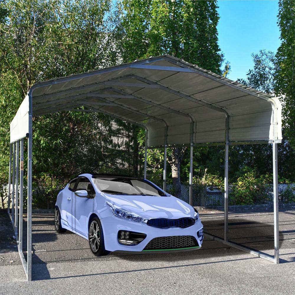 Gray Galvanized Steel Carport with Corrugated Roof Panels