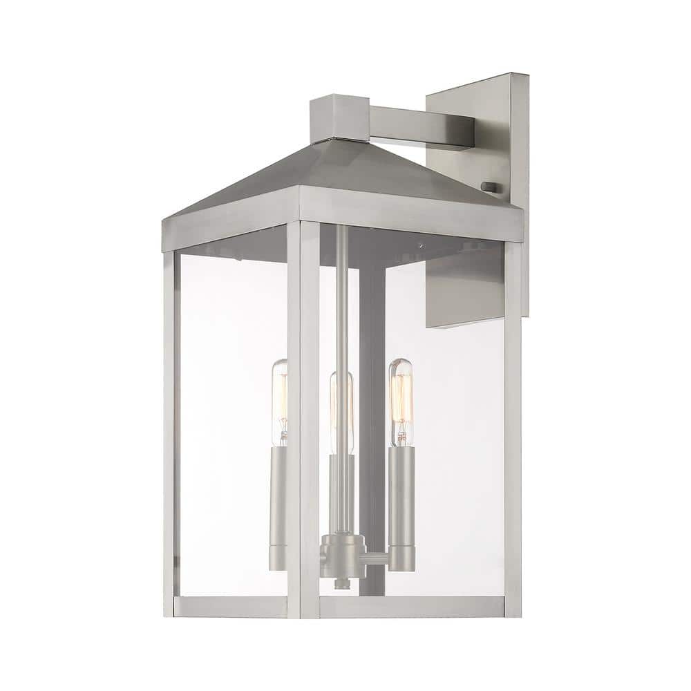 Brushed Nickel 3-Light Outdoor Wall Lantern with Clear Glass