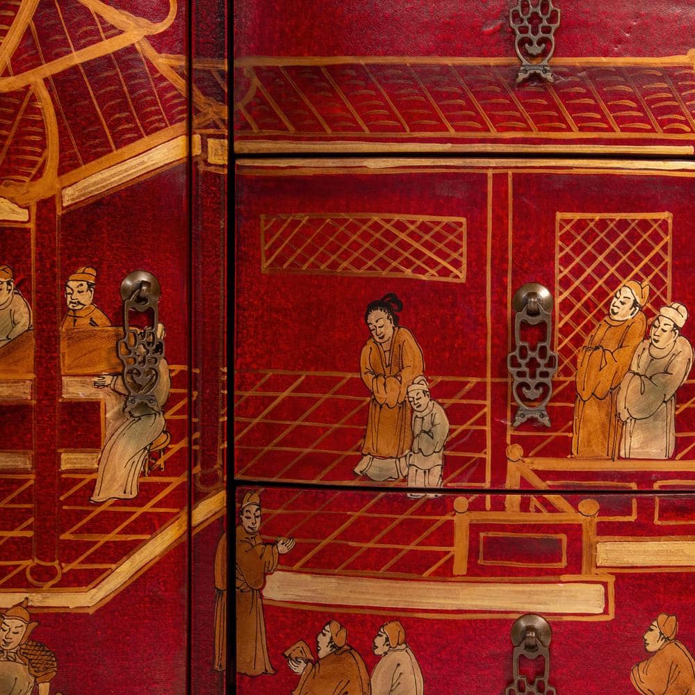 Hand-Painted Red and Gold Lacquer Wood Accent Cabinet