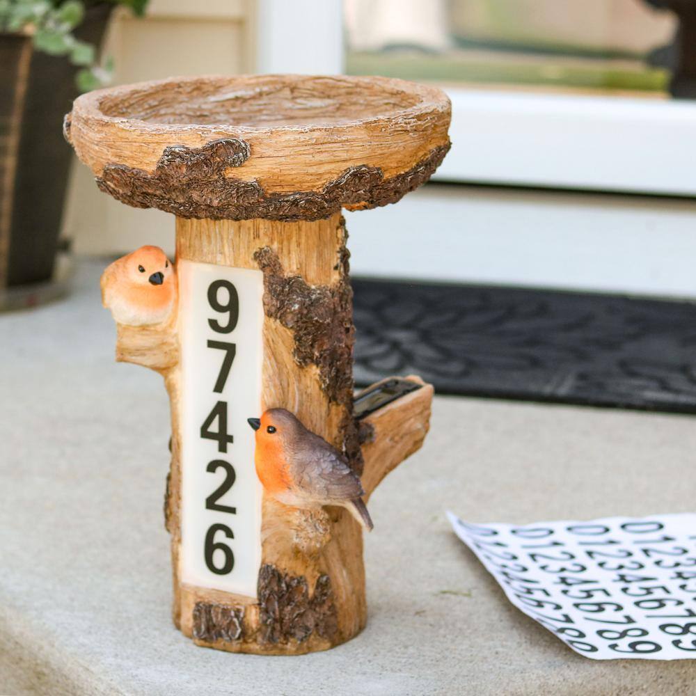 Rustic Brown Polyresin Tree Stump Bird Bath with Solar LED Address Plate