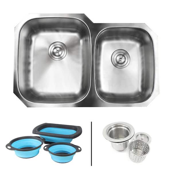eModernDecor Undermount 16-Gauge Stainless Steel 32 in. 60/40 Double Bowl Kitchen Sink in Satin Pearl Finish with Silicone Colanders