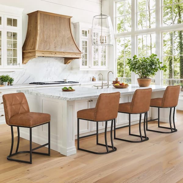 LUE BONA Brown Faux Leather Bar Stool Metal Frame Upholstered Seat Bar Chair with Backrest Rivet (Set of 4)