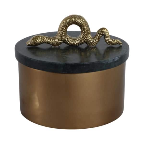 Green 5 in. X 5 in. Metal and Marble Round Decorative Box with Gold Snake Handle