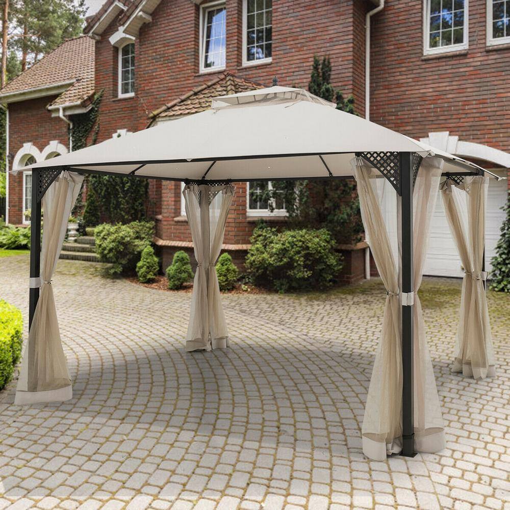 Beige 12' x 10' Steel Frame Patio Gazebo with Netting