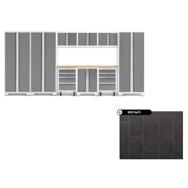 NewAge Products Bold Series 162 in. W x 76.75 in. H x 18 in. D Steel Cabinet Set in Platinum ( 10- Piece ) with 800 sqft Flooring Bundle