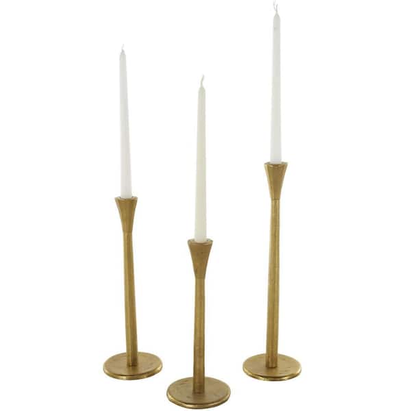 Litton Lane Gold Aluminum Metal Tapered Slim Minimalistic Candle Holder with Round Base (Set of 3)