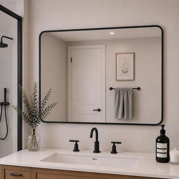 48 in. W x 36 in. H Rectangular Framed Wall Bathroom Vanity Mirror in Matte Black