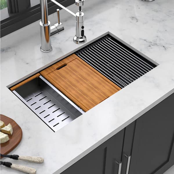 30 in. Undermount Single Bowl 16 Gauge Gunmetal Black Stainless Steel Kitchen Sink with Workstation