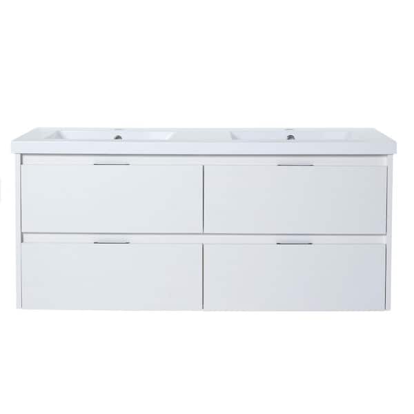 48 in. Double Sink Floating White Bath Vanity with White Resin Top, 4 Soft Close Drawers, Hidden handles