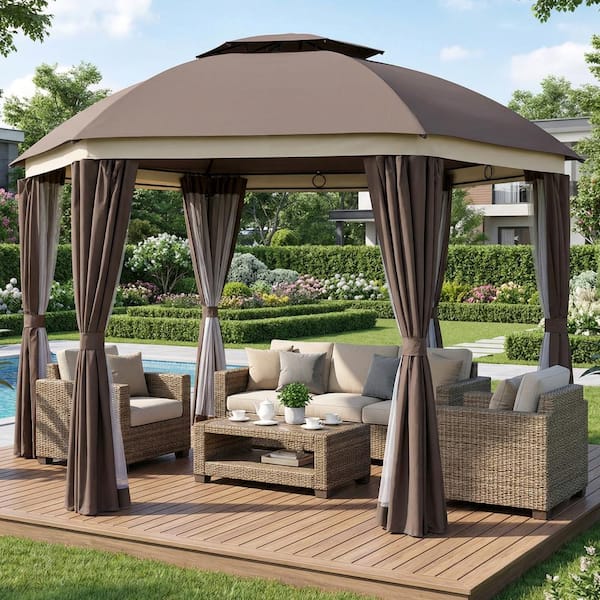 12 ft. x 12 ft. Brown Round Outdoor Gazebo, Patio Dome Canopy Shelter with Double Roof, Netting Sidewalls and Curtains