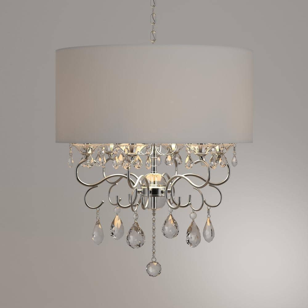 Elegant Chrome Drum Chandelier with Ivory Faux Silk Shade and Crystal Accents