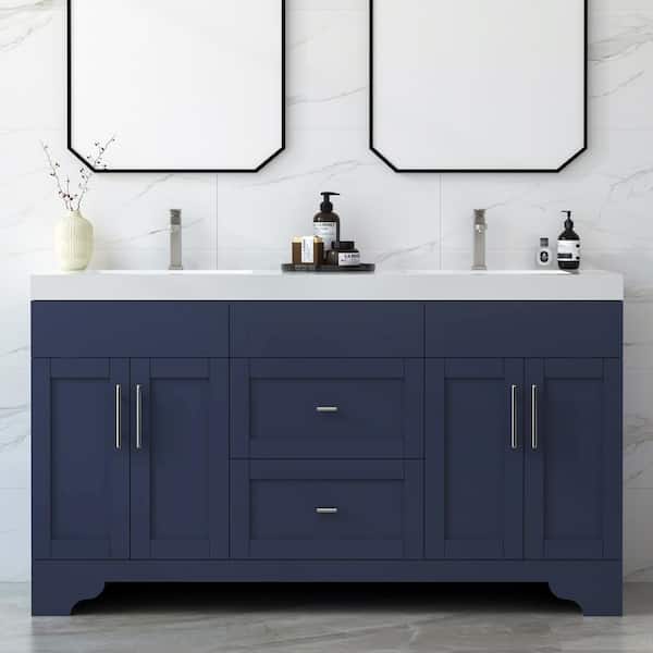 HOMEVY STUDIO Agnea 60 in. W. x 21 in. D x 35 in. H Double Sink Freestanding Bath Vanity in Marine Blue with White Qt. Top