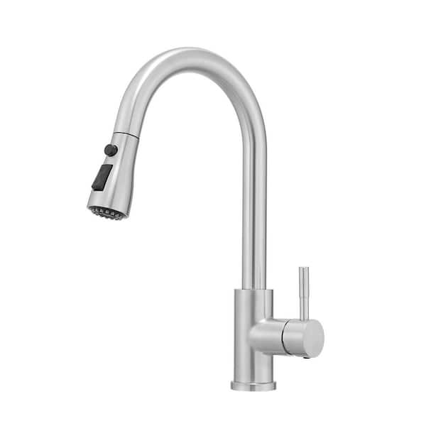 Single Handle 14.5 in Pull Down Sprayer Kitchen Faucet,Single Hole Faucet with Multifunctional Sprayer in Brushed Nickel