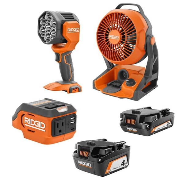RIDGID 18V Cordless 3-Tool Combo Kit with AC Inverter, Fan, LED Light, and 4.0 and 2.0 Ah Batteries