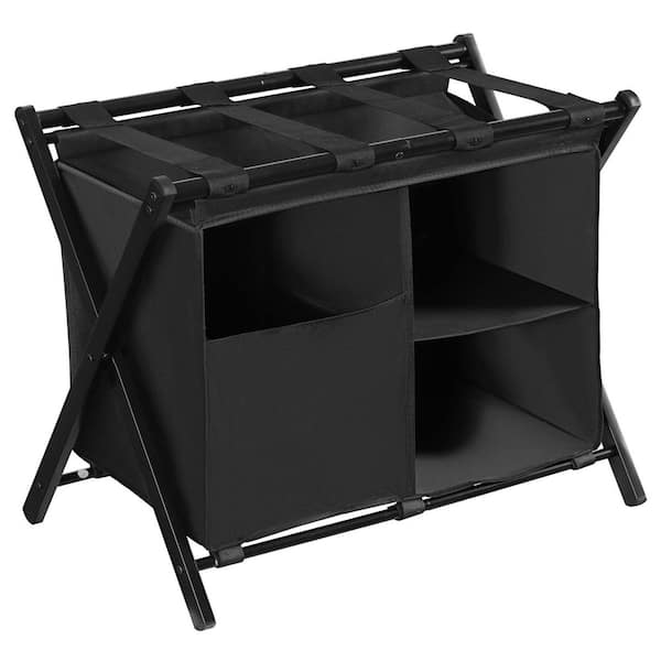 23.62 in. x 14.57 in. x 24.21 in. Black Luggage Rack with Laundry Bag, Folding Suitcase Stand for Bedroom and Hotel