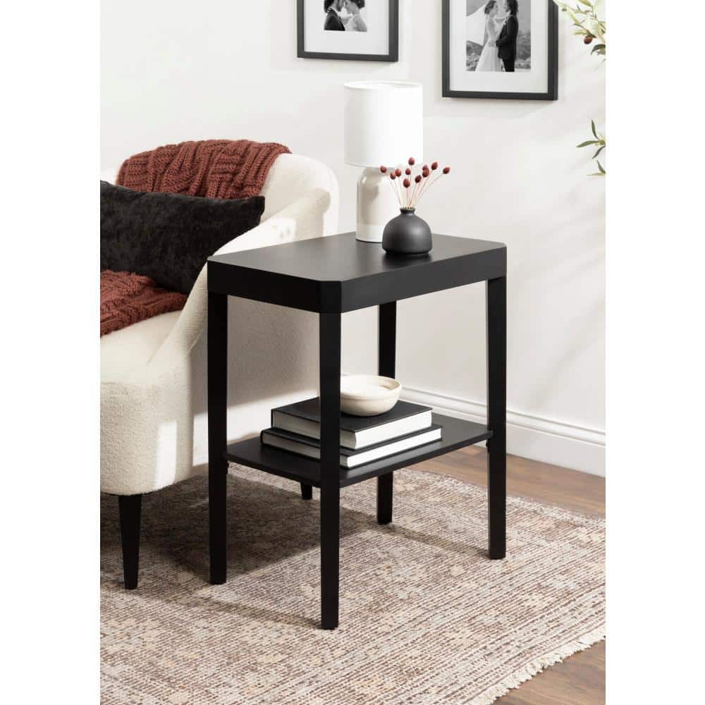 Black Solid Mango Wood Rectangular End Table with Shelf