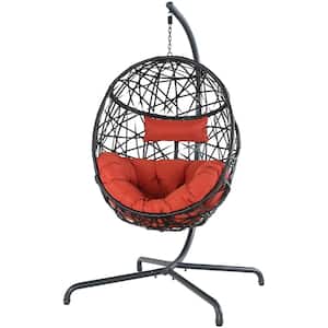 Wicker Outdoor Chair Patio Egg Hanging Hammock Chair with Red Cushion and Stand