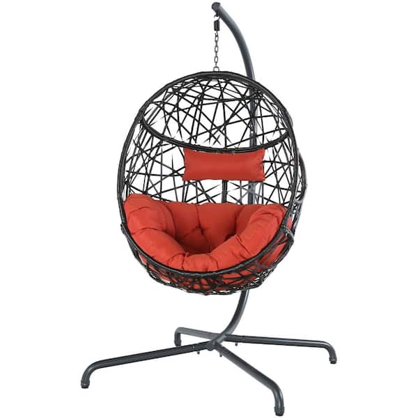 ULAX FURNITURE Wicker Outdoor Chair Patio Egg Hanging Hammock Chair with Red Cushion and Stand