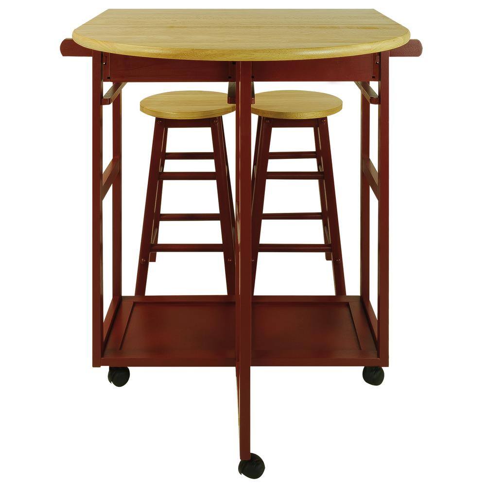 Round Red Butcher Block Kitchen Cart with Drop-Leaf and Storage