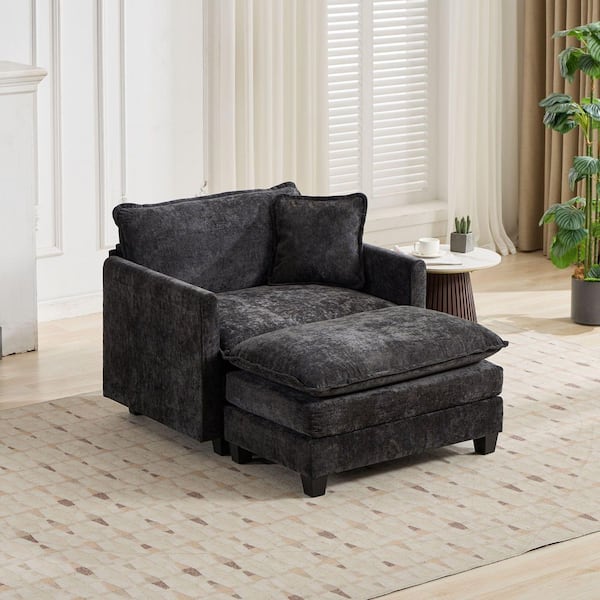 Estevao Black Chenille Arm Chair, Comfy Double Layer Upholstered Seat Cushion