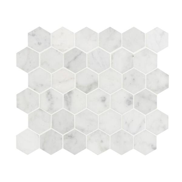 Carrara White 2  in. Hexagon 12 in. x 12 in. Honed Marble Mesh-Mounted Mosaic Floor and Wall Tile  (9.8 sq. ft./ case)