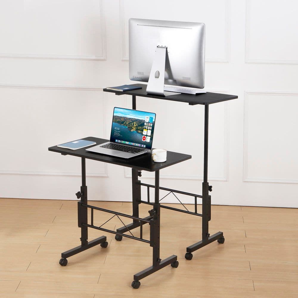 Adjustable Small Standing Computer Desk with Wheels – Mobile Laptop Table for Home Office Deep Black
