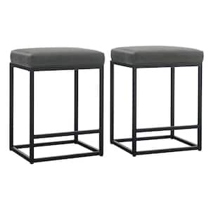 24 in. Gray Leather Cushion and Black Metal Frame Metal Bar Stool (2-pieces)