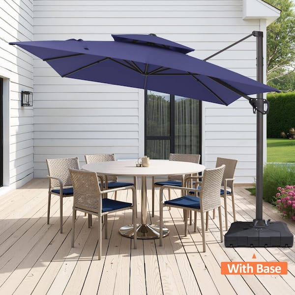 Pellebant 11.5 ft. x 9 ft. Rectangular Double Top 360° Rotation Cantilever Tilt Outdoor Patio Umbrella in Navy With 260 lbs. Base