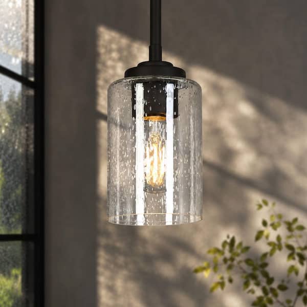 Modern 1-Light Oil Rubbed Bronze Cylinder Mini Pendant Light with Seed Glass Shade for Kitchen, Condo, Cafee
