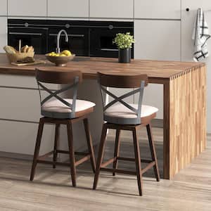 25 in. Brown Wooden Swivel Bar Stools Upholstered Counter Height Dining Chairs Set of 2