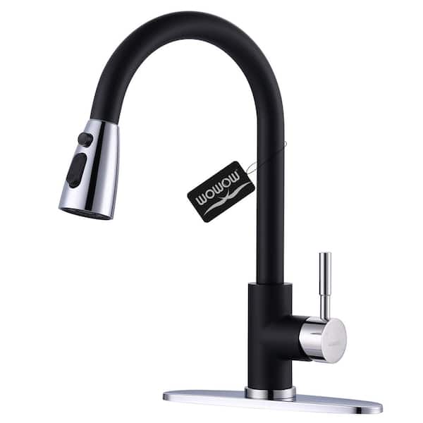 WOWOW Single-Handle Pull-Down Sprayer Kitchen Faucet with Stream and PowerSpray Mode in Polished Chrome and Black