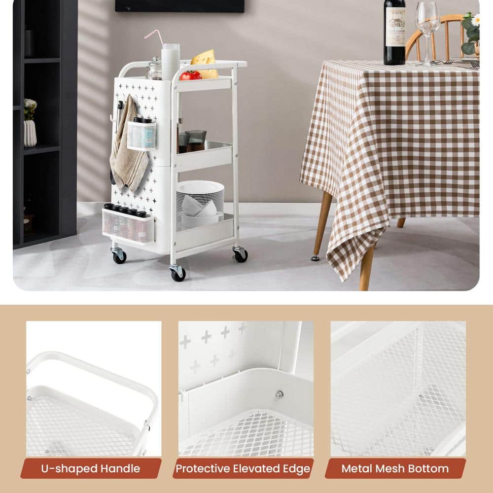 White Powder-Coated Carbon Steel 3-Tier Utility Storage Cart with Pegboard Baskets