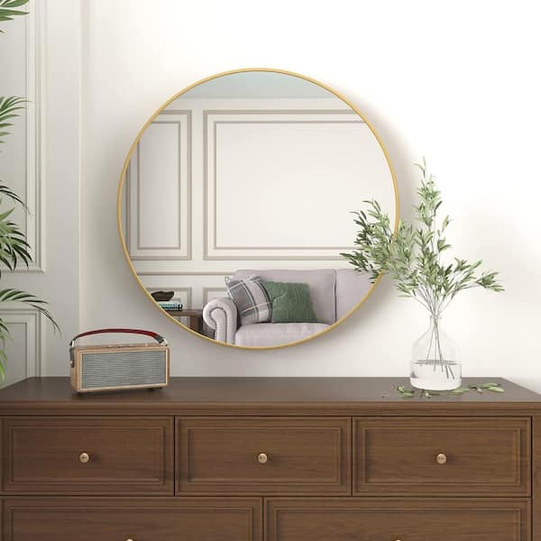 Nestfair 32 in. W x 32 in. H Round Framed Wall Mounted Bathroom Vanity Mirror in Gold