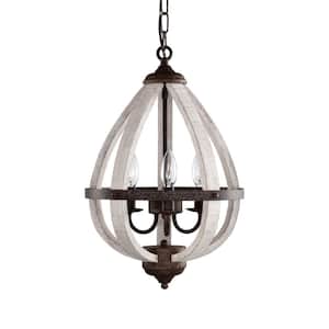 Zammy 13 in. 3-Light Indoor Rustic Brown and Weathered White Chandelier with Light Kit