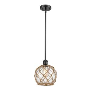 Farmhouse Rope 1-Light Matte Black Globe Pendant Light with Clear Glass with Brown Rope Glass and Rope Shade