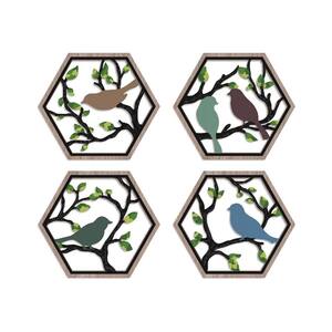 4-Panels 10 in. x 11 in. Beige Bird on Birch Tree Branch'' by Abstract Wood Wall Art