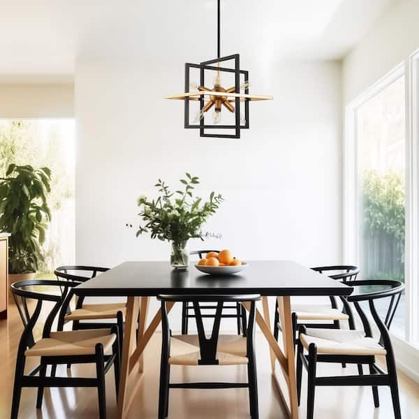 8-Light Black and Gold Modern Farmhouse Chandelier, Adjustable Geometric Pendant Light for Dining Room and Living Room
