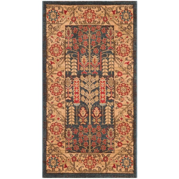 SAFAVIEH Mahal Navy/Natural Doormat 2 ft. x 4 ft. Antique Floral Border Area Rug