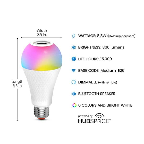 60-Watt Equivalent Smart A21 Bluetooth Speaker Color Selectable RGBW E26 Medium Base LED Light Bulb Powered by Hubspace